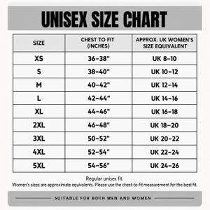 Adult unisex t-shirt size chart, XS to 5XL