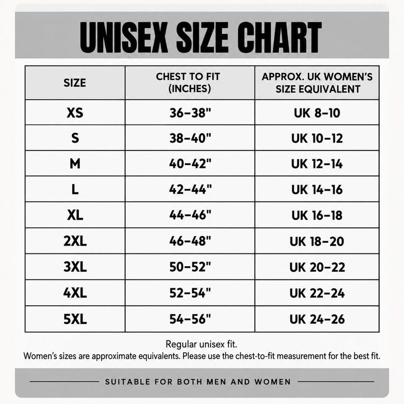 Adult unisex t-shirt size chart, XS to 5XL
