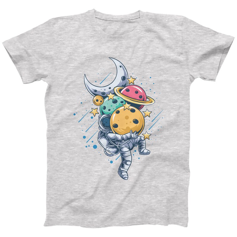 Astronaut Planets Graphic Tee: Space Streetwear T-Shirt Heather Grey