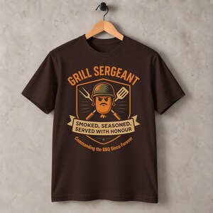 Grill Sergeant BBQ T-Shirt: Funny Military Dad Gift in Brown