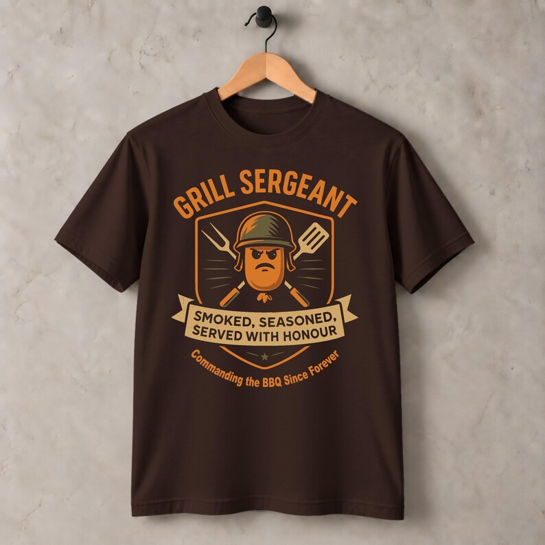 Grill Sergeant BBQ T-Shirt: Funny Military Dad Gift in Brown