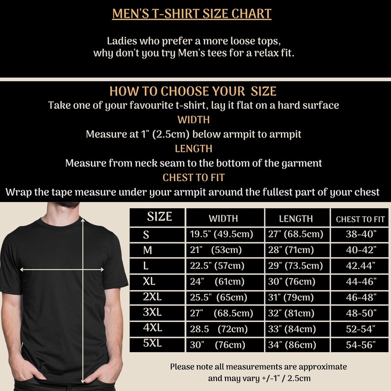 K&ouml;nnte beinhalten: Eine Gr&ouml;&szlig;entabelle f&uuml;r Herren-T-Shirts mit Ma&szlig;en in Zoll und Zentimetern. Die Tabelle zeigt die Gr&ouml;&szlig;en, Breite, L&auml;nge und Brustweite f&uuml;r die Gr&ouml;&szlig;en S bis 5XL.