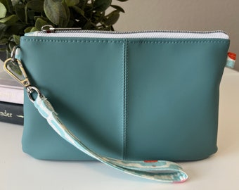 Faux Leather Wristlet - aqua green w/ aqua & white geometric accent | Mother's Day Gift, Birthday Gift, Summer Accessory