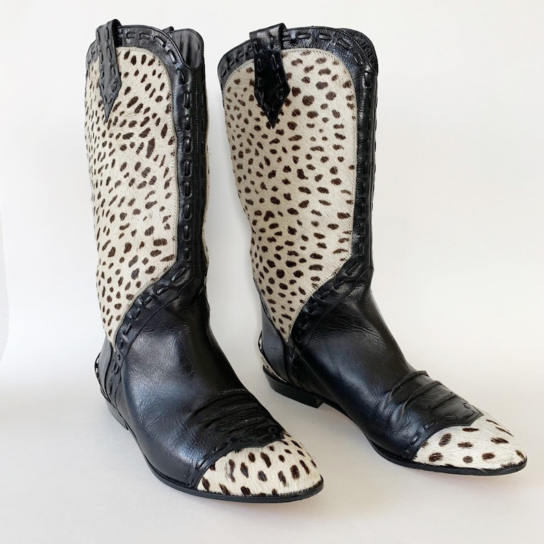 Vintage Retro 80s Cowhide Cowboy Boots Black White Size Etsy