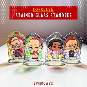 May include: Four colourful stained glass standees depicting cartoon religious figures. Each standee is in an arched frame with the text "CONCLAVE STAINED GLASS STANDEES". The standees are labelled with names such as "Cardinal Cedes" and "Pope Innocent XIV". The seller's name is "GWINDOWS22".