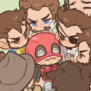 Puede incluir: Un grupo de personajes de dibujos animados rodean a un personaje de dibujos animados rojo con una expresión confundida. Los personajes llevan todos atuendos diferentes y tienen diferentes expresiones faciales.