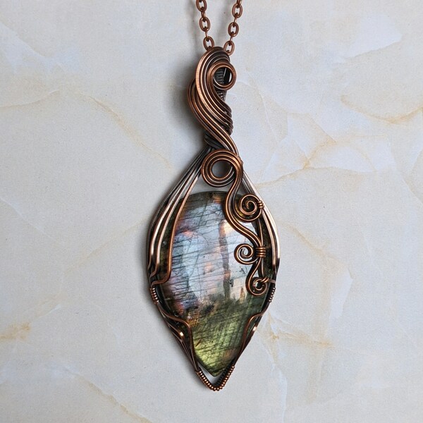 Large Labradorite & Antique Copper Wire Wrapped Pendant Necklace