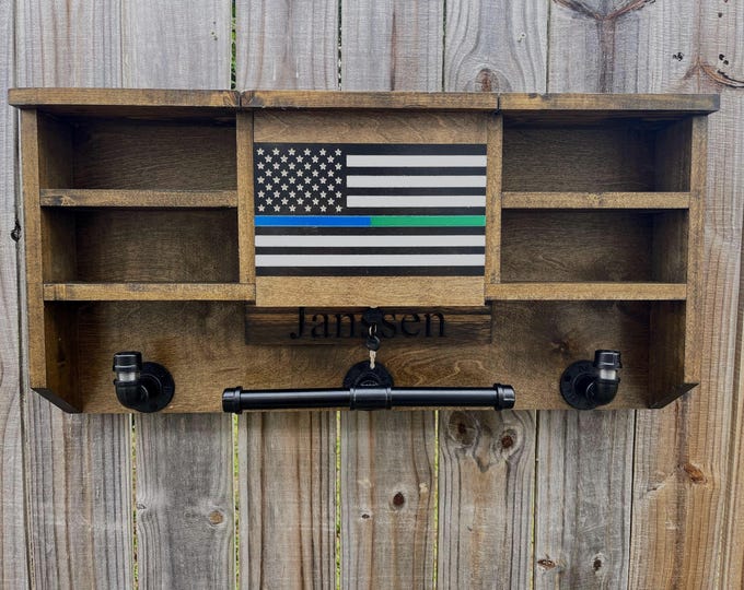 Police Duty Gear Rack, Thin Blue Line Wall Organizer, Vest and Duty Belt Holder, Personalized Police Gift