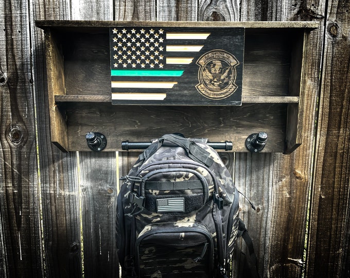 Rustic Duty/Gear Rack, CBP , BORDER PATROL, Wooden, American Flag, Police, K9, Cop Caddy, Vest Holder