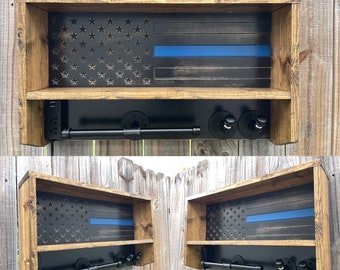 Rustic, Weathered, USB Outlet, Thin Blue Line, Duty/Gear Rack, Wooden, American Flag, Police, K9, Cop Caddy, Vest Holder