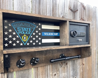 Massachusetts State Police , Safe, EDC , Thin Blue Line, Duty/Gear Rack, Cop Caddy, Vest HolderWooden, Custom  Police GIFT