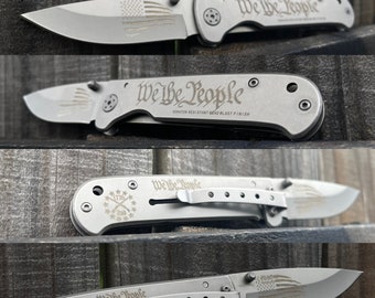 Laser engraved " We the People"  Pocket KniveEngraved Knife, Gifts For Him,Folding Knife,Groomsmen Gift, Birthday, Best Man, Tactical Knife