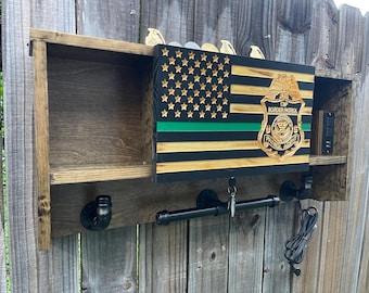 BORDER PATROL, Wooden, American Flag, Police, K9, Cop Caddy, Vest Holder Rustic Duty/Gear Rack, CBP