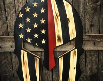 Thin Blue Line Wooden American Flag, Wooden Spartan Helmet