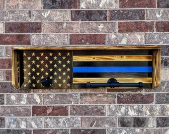 Police gear rack, Belt Holder, Duty Vest Hanger, Personalized American flag, thin blue line, key holder
