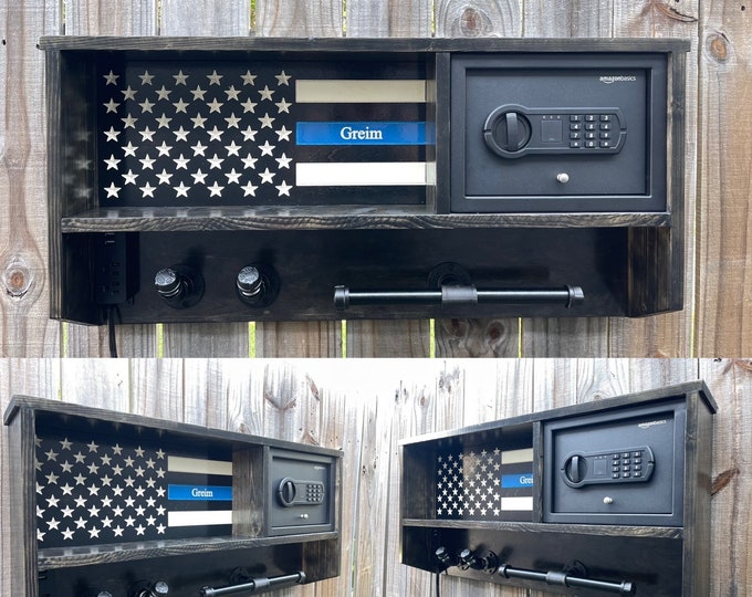 Police Duty Gear Rack - Vest Holder  - Wall Mounted Organizer Thin Blue Line Rack Safe  Custom Rustic Tactical Storage