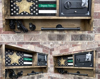 Custom  Police , Thin Blue Line, Duty/Gear Rack, Cop Caddy, Vest HolderWooden, American Flag, Safe, EDC, TXDPS