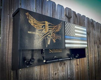 Large, Wooden, American Flag, Police, K9, Cop Caddy, Vest Holder, Safe, EDC Thin Blue Line, Duty/Gear Rack (USB Outlet),
