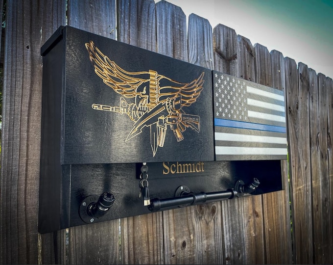 Duty Gear Rack – Vest Holder, Wall Organizer with Safe, Blue Line Flag