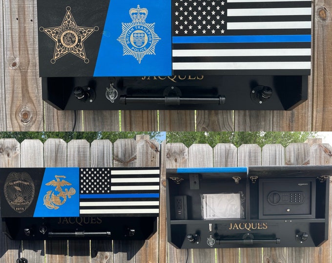 Large, Wooden, American Flag, Police, K9, Cop Caddy, Vest Holder, Safe, EDC Thin Blue Line, Duty/Gear Rack (USB Outlet),