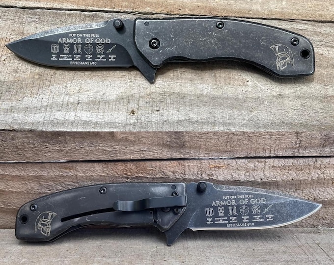 Armor Of God Engraved Folding Knife: Personalized Tactical Gift