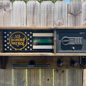 US Border Patrol Flag Gear Rack: Wooden Vest Holder with Safe