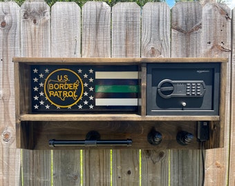 Border patrol US Flag, Safe, EDC , Thin Blue Line, Duty/Gear Rack, Cop Caddy, Vest HolderWooden, Custom  Police GIFT