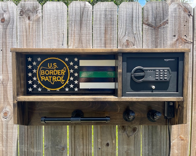US Border Patrol Flag Gear Rack: Wooden Vest Holder with Safe