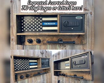 Custom Thin Blue Line, police Duty Gear Rack, Cop Caddy, Vest HolderWooden, American Flag, Safe, RusticEDC K9