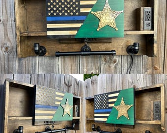Thin Blue Line Duty Rack: Wooden American Flag Police Gear Organizer