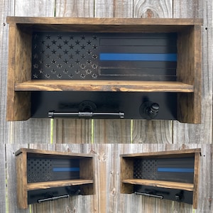 Thin Blue Line Wooden Police Gear Rack: American Flag Cop Caddy