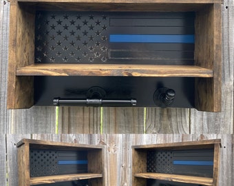 Rustic, Thin Blue Line, K9, Cop Caddy, Vest Holder, Duty/Gear Rack, Wooden, American Flag, Police,