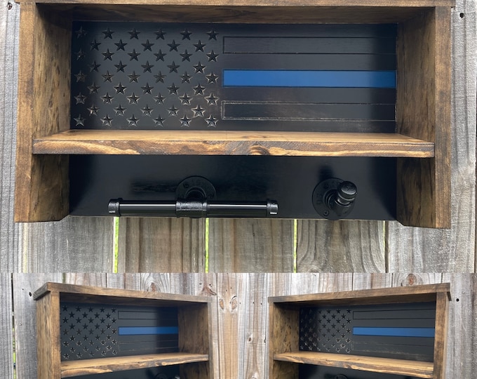 Thin Blue Line Wooden Police Gear Rack: American Flag Cop Caddy