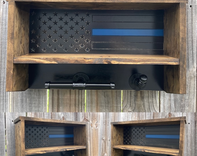 Rustic, Thin Blue Line, K9, Cop Caddy, Vest Holder, Duty/Gear Rack, Wooden, American Flag, Police,