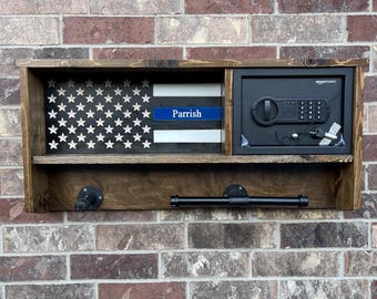 Custom Police Duty Gear Rack with Lockbox Safe- Police Duty Gear Rack - Vest Holder - Thin Blue Line Warrior Rack