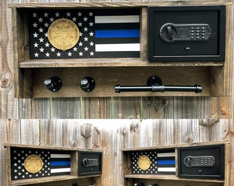 Custom  Police, TXDPS , Thin Blue Line, Duty/Gear Rack, Cop Caddy, Vest HolderWooden, American Flag, Safe, EDC