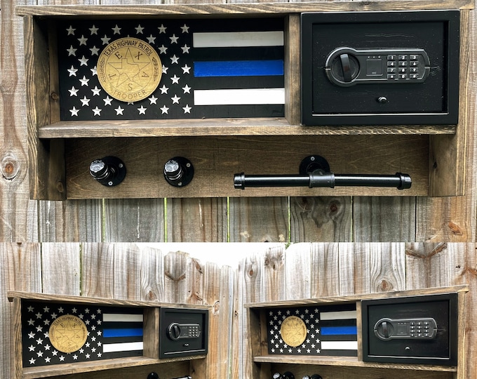 Custom  Police, TXDPS , Thin Blue Line, Duty/Gear Rack, Cop Caddy, Vest HolderWooden, American Flag, Safe, EDC