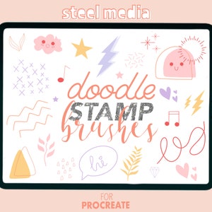 May include: A digital illustration of a tablet screen displaying a set of doodle stamp brushes for Procreate. The brushes include various shapes, such as stars, hearts, lightning bolts, and musical notes. The text "doodle stamp brushes" is written in a stylized font.
