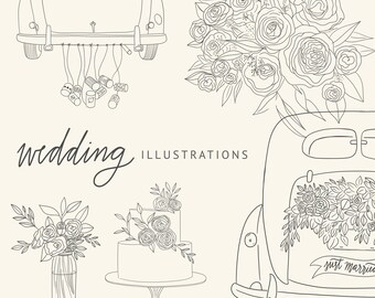 DIY Wedding Hand Drawn Clipart Floral Romantic Line Art Botanical Leaves Leaf Flowers Plant Branch PNG