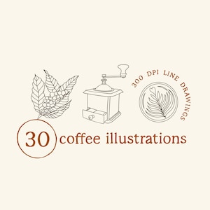 Coffee Illustrations Cafe Line Drawings Clipart PNG Espresso Latte DIY Linework