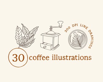 Coffee Illustrations Cafe Line Drawings Clipart PNG Espresso Latte DIY Linework