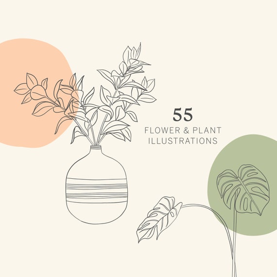 Flower Plant Line Art Botanical Clipart Hand Drawn Floral Etsy
