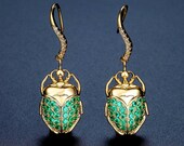 Green Scarab Cubic Zirconia Dangle Gold Earrings - Statement Earrings - Beetle Earrings - Egyptian Jewelry - Insect Earrings