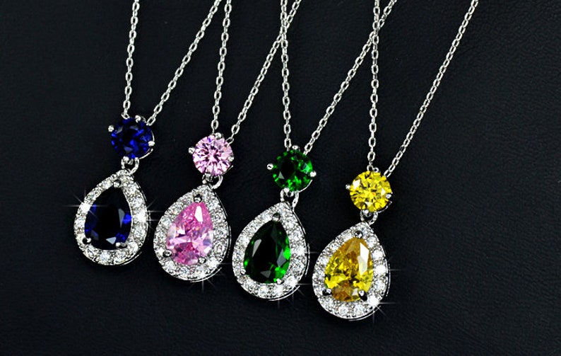Halo Drop Crystal Pendant Necklace 4 Colors Pink Teardrop Cubic Zirconia Charm Necklace Gift For Her Bridesmaid Gift