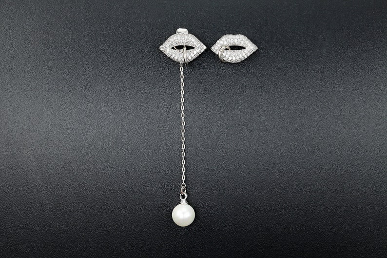 Cute Earrings Lips Cubic Zirconia Silver Chain Mismatched Earrings Avant Garde Modern Earrings Drop Earrings