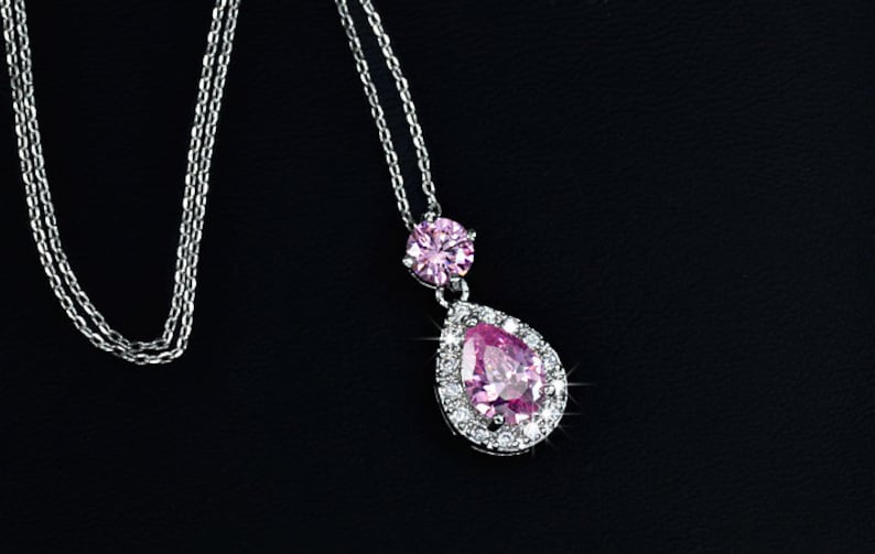 Halo Drop Crystal Pendant Necklace 4 Colors Pink Teardrop Cubic Zirconia Charm Necklace Gift For Her Bridesmaid Gift