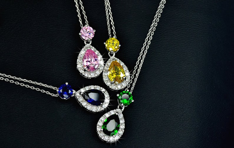 Halo Drop Crystal Pendant Necklace 4 Colors Pink Teardrop Cubic Zirconia Charm Necklace Gift For Her Bridesmaid Gift