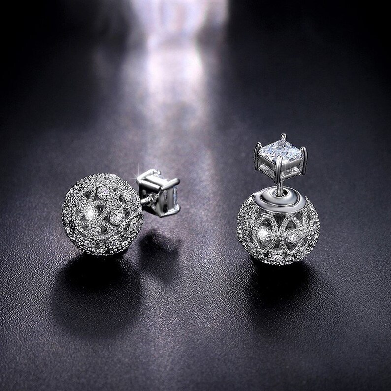 Bridal Front Back Ear White Simulated Pearls Jacket Bezel Stud Earrings For Women 925 Sterling Silver