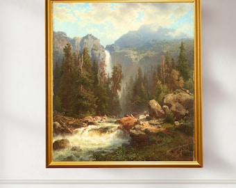 Norwegian Landscape, waterfall, oil painting, Cottagecor, vintage mountain art, river and forest landscape, Nordic artwork, mountain scenery