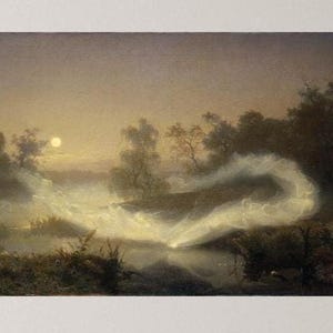 May include: A painting of a moonlit forest scene with a lake in the foreground. The lake is surrounded by trees and bushes, and the moon is shining brightly in the sky. There are wispy clouds of fog or smoke rising from the lake.